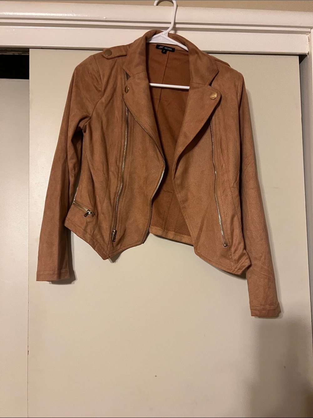 Michele Camel Suede Moto Jacket with Gold Hardware